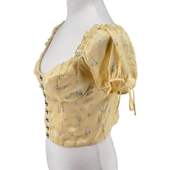 Princess Polly Alison Yellow Floral Crop Corset Top Sz 12 US EUC Puff Sleeves - Picture 2 of 9